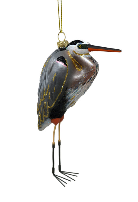 Hand Blown Glass Great Blue Heron Ornament 6.25 IN