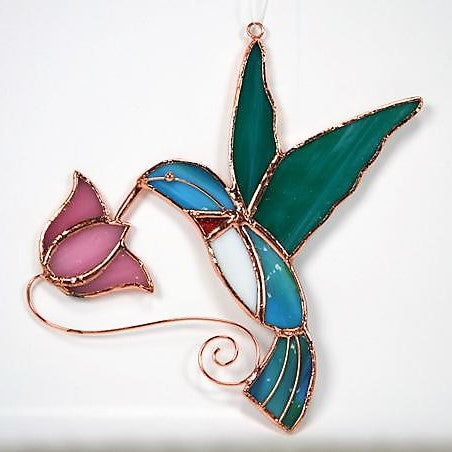 Stained Glass Hummingbird With Pink Flower Suncatcher 5.5 IN x 6.7 IN
