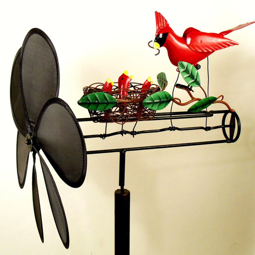 Metal Cardinal Nest Whirligig Sculpture With Pole Handmade 10 IN x 12.5 IN x 55 IN
