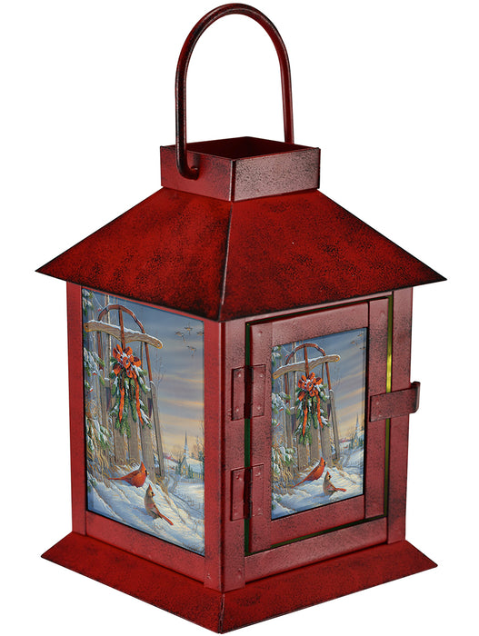 Metal LED Wintertime Sleigh Cardinals Lantern 6 IN