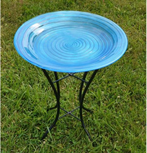 Blue Swirls Glass Birdbath With Stand 18 IN