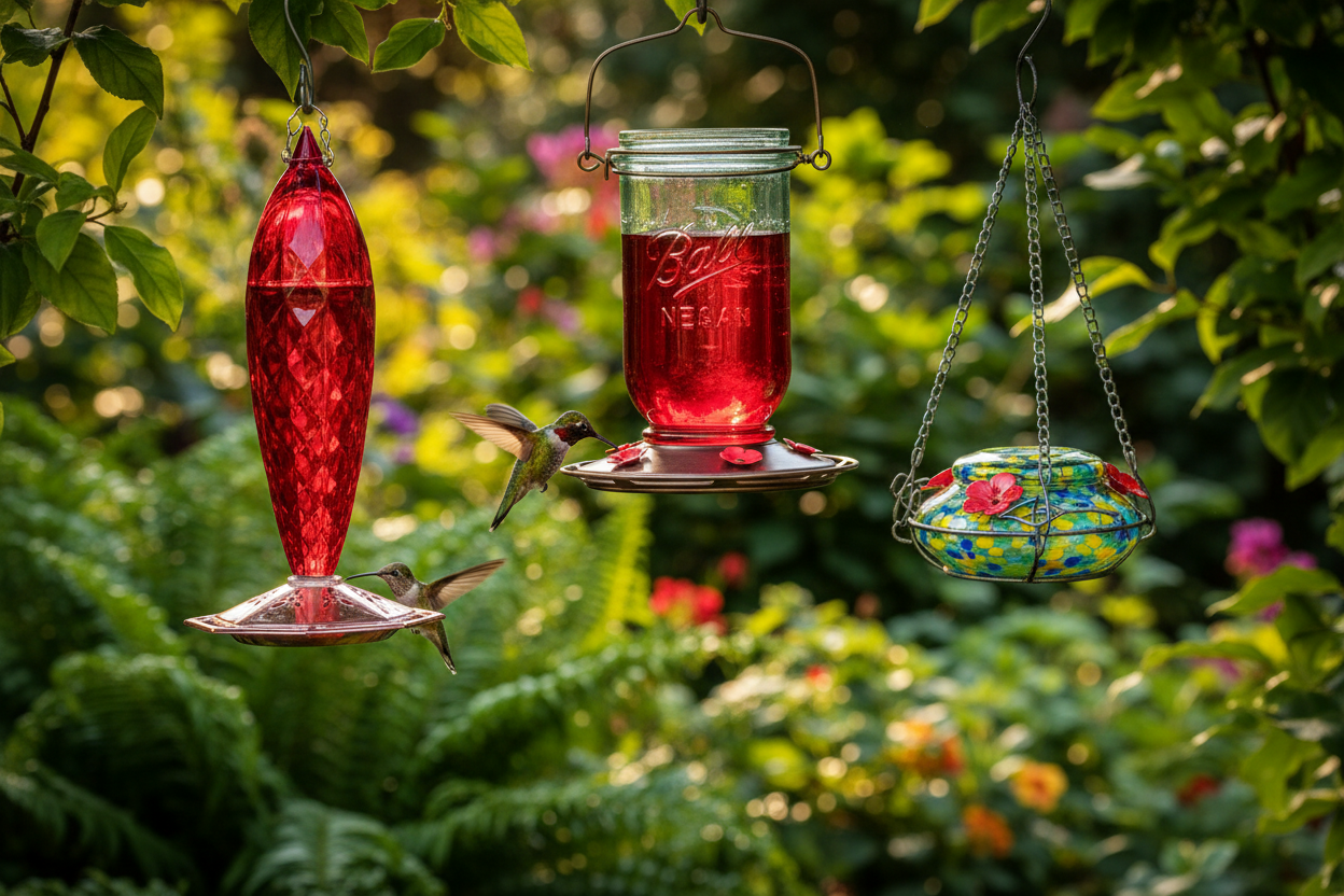 Multiple Hummingbird Feeders Hanging in a Backyard
