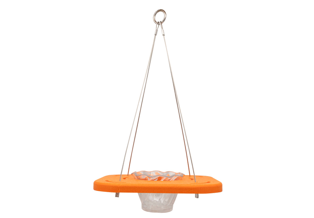 Orange Oriole Feeder with a metal chain on a white background