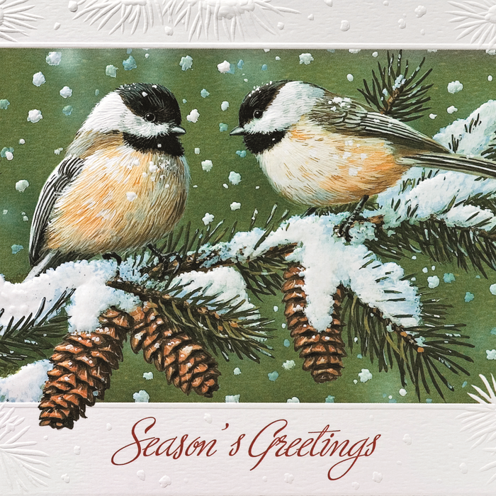 Chickadees on a branch on a Christmas Card