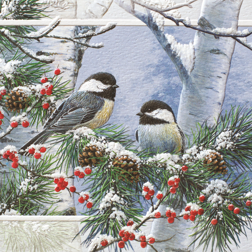 Chickadees in a tree on a Christmas Card