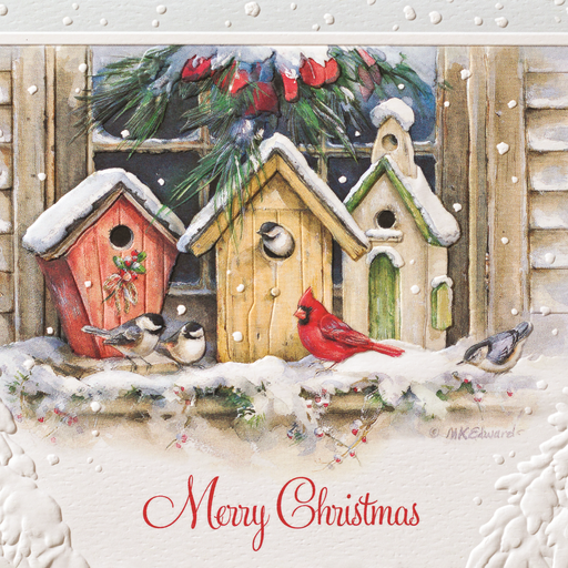 Cardinal and Chickadees in birdhouses on a Christmas Card