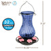Blue glass hummingbird feeder with pink flowers on a white background, featuring 'Nature's Way' branding.