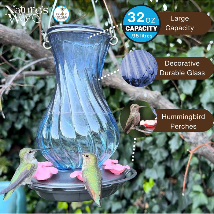 Blue glass hummingbird feeder with features highlighted, including capacity and perches, against a natural background.