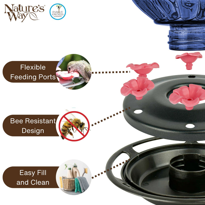 Bird feeder with flexible feeding ports, bee-resistant design, and easy fill and clean features.