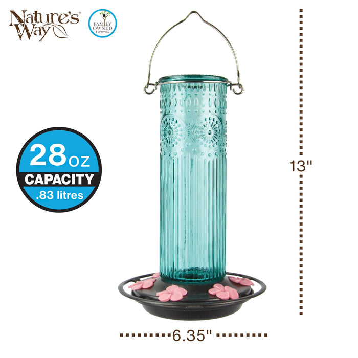 Glass hummingbird feeder with measurements and capacity details on a white background