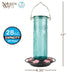 Glass hummingbird feeder with measurements and capacity details on a white background