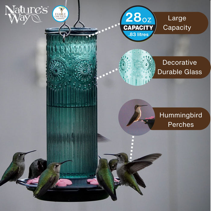 Decorative hummingbird feeder with features highlighted on a gray background