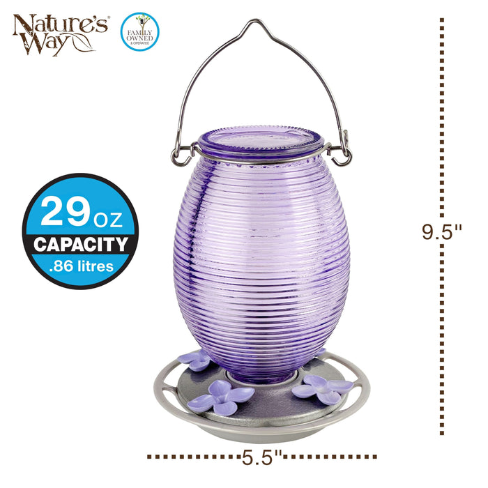 Purple bird feeder with measurement details on a white background