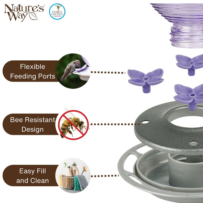 Product with flexible feeding ports, bee-resistant design, and easy fill and clean features on a white background.
