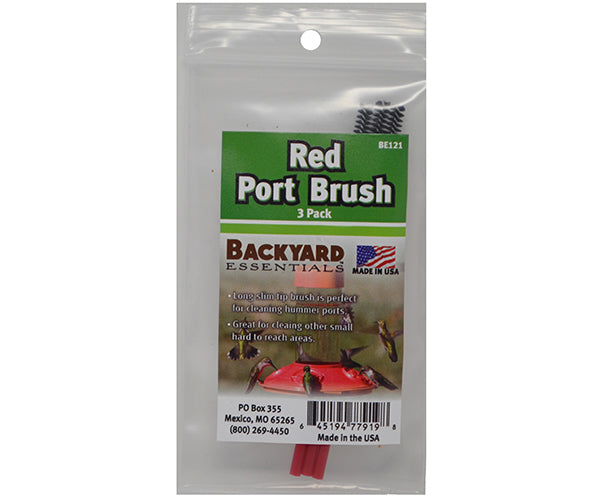 Packaged Red Port Brush by Backyard Essentials on a white background