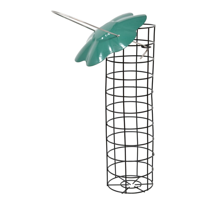Teal bird feeder with a metal stand on a white background