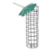 Teal bird feeder with a metal stand on a white background