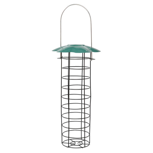 Bird feeder with green top and metal body on a white background