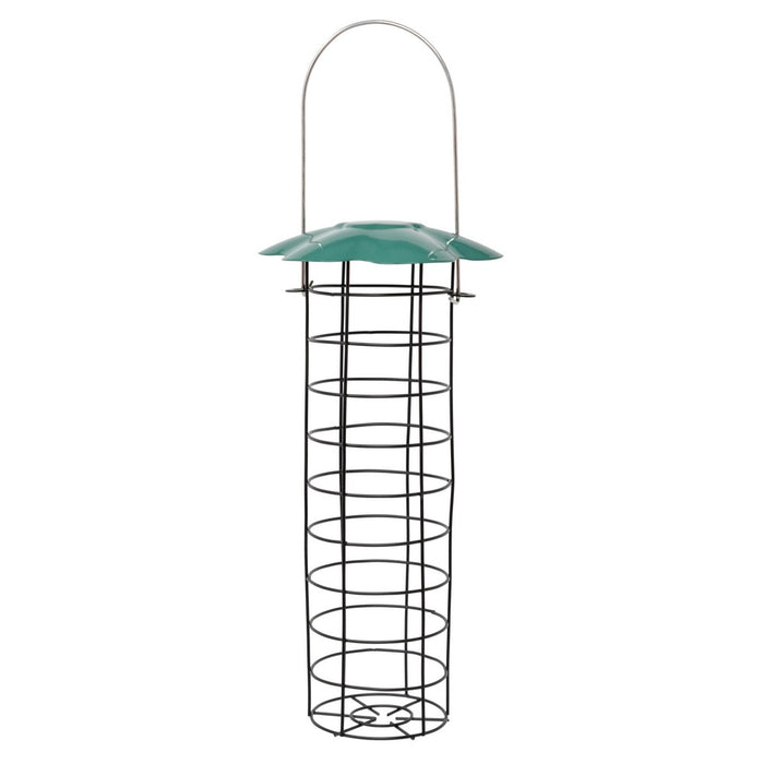 Bird feeder with green top and metal body on a white background
