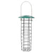 Bird feeder with green top and metal body on a white background