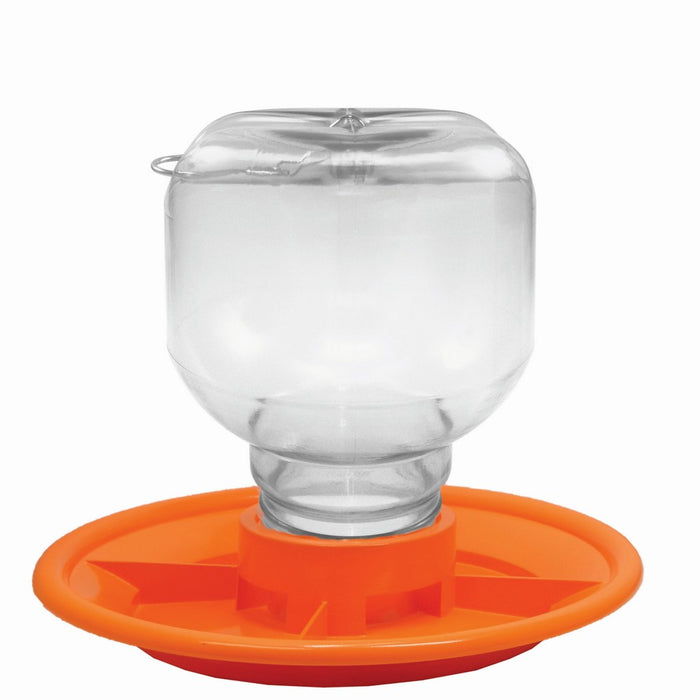 Clear plastic feeder with an orange base on a white background