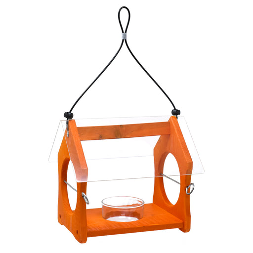 Orange bird feeder with clear bottom section on a white background