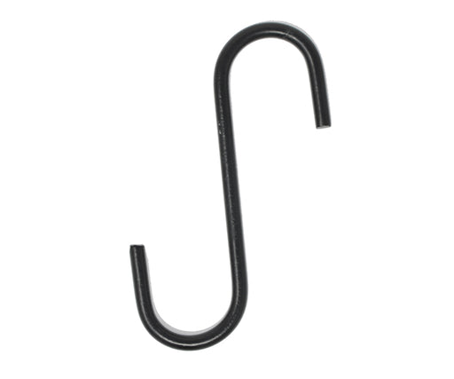 Black S-shaped metal hook on a white background