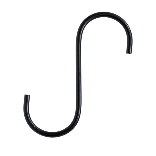 Black S-shaped hook on a white background