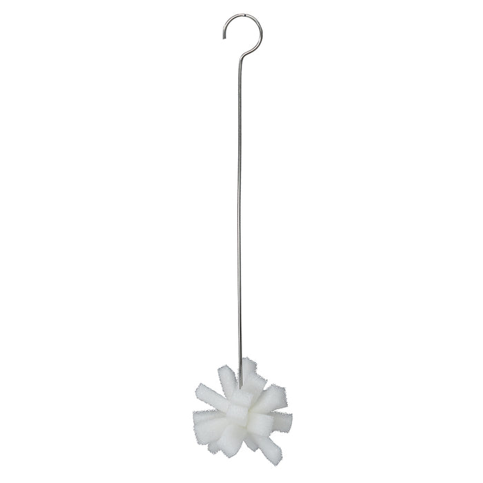 White snowflake-shaped brush with a metal hook on a white background