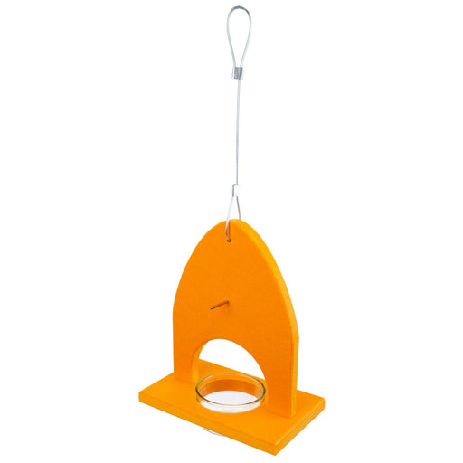 Orange bird feeder with a clear dish on a white background
