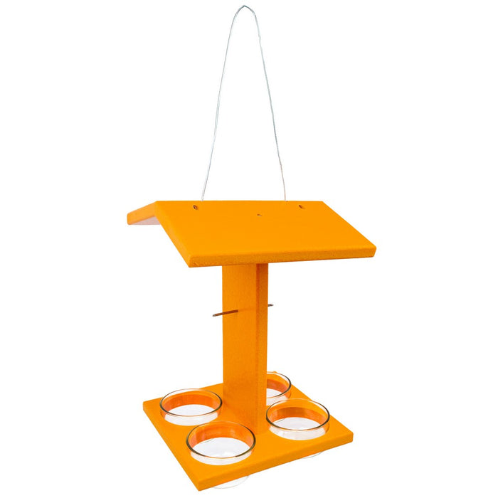 Orange bird feeder with four perches on a white background