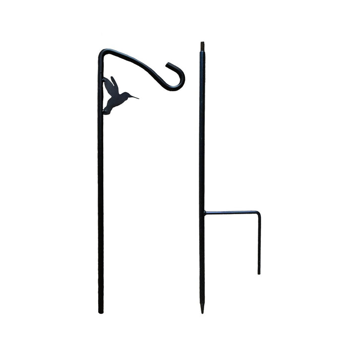 Black metal hummingbird feeder stand on a white background