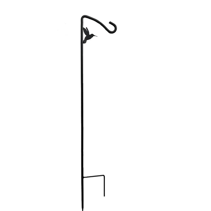 Black metal garden stake with a hook on a white background