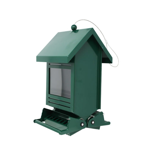 Green bird feeder on a white background