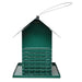 Green bird feeder with a clear base on a white background