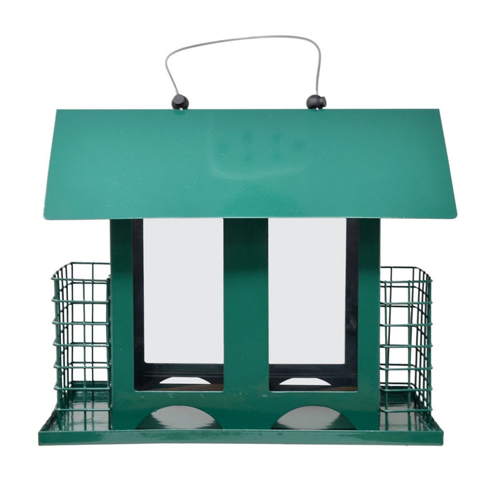 Green bird feeder with suet cages on a white background