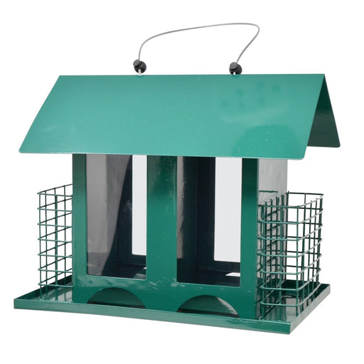Green bird feeder with a white background