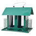 Green bird feeder with a white background