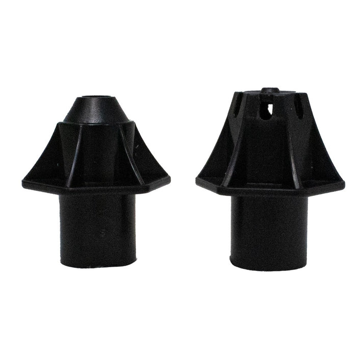 Two black plastic lamp shades on a white background