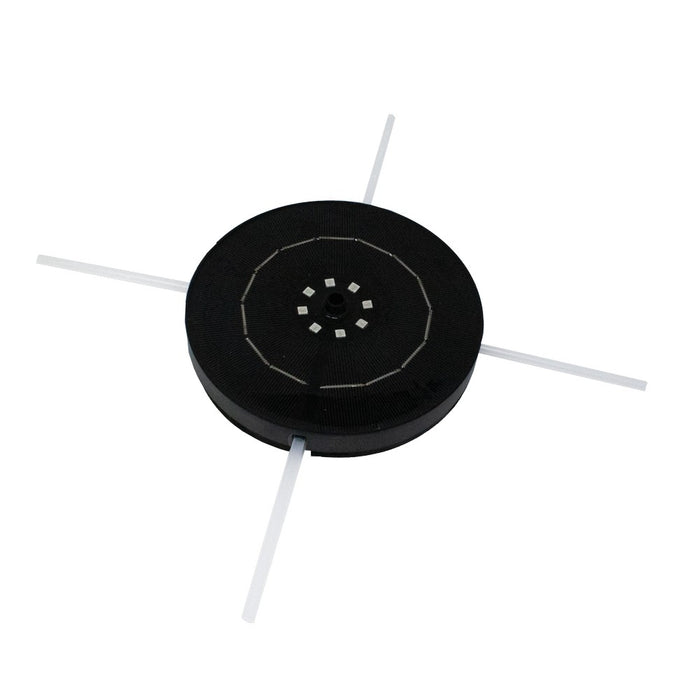 Black circular object with white spokes on a white background