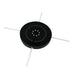Black circular object with white spokes on a white background