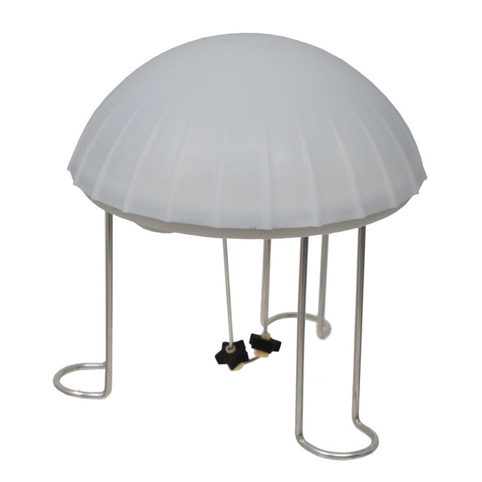 White umbrella-shaped lamp with a stand on a white background