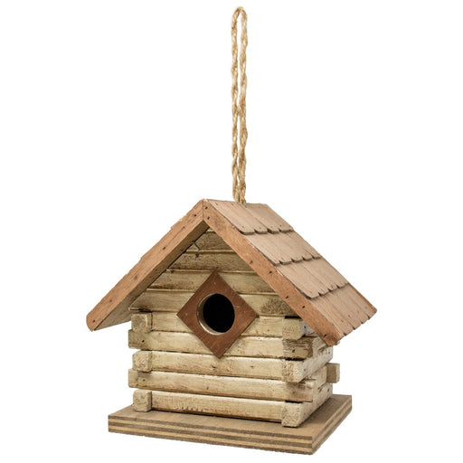 Wooden birdhouse with a triangular roof and round entrance hole, hanging on a white background.
