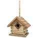 Wooden birdhouse with a triangular roof and round entrance hole, hanging on a white background.