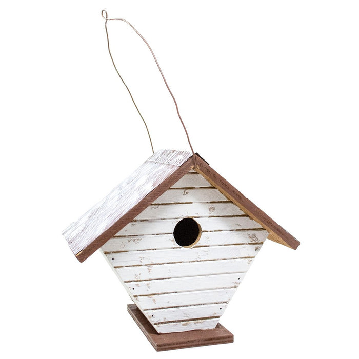 Wooden birdhouse with white slatted design and brown trim on a white background