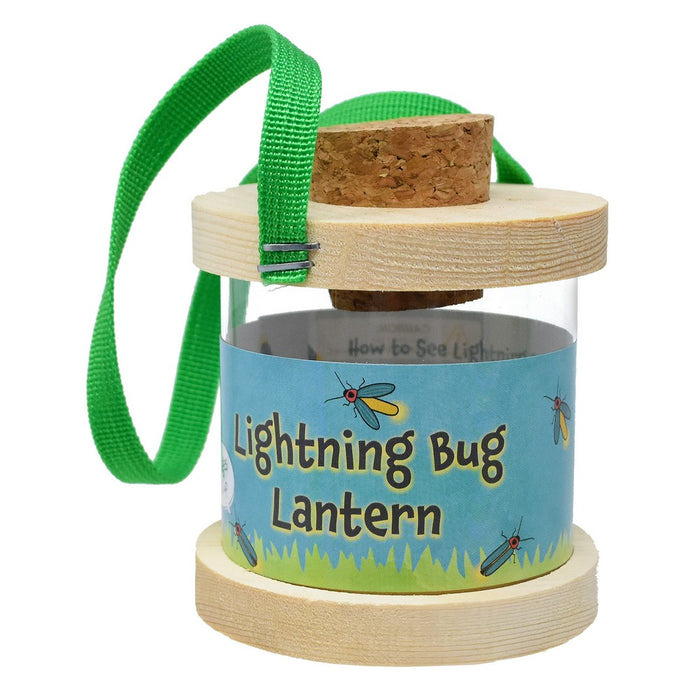 Lightning Bug Lantern with cork top and green strap on a white background