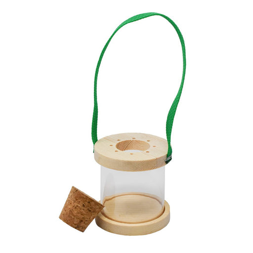 Wooden and glass bird feeder with a green string on a white background