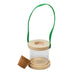 Wooden and glass bird feeder with a green string on a white background
