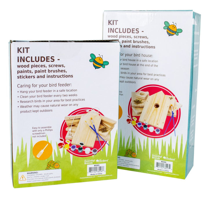 Bird feeder kit packaging with illustrations of a birdhouse and supplies on a white background.