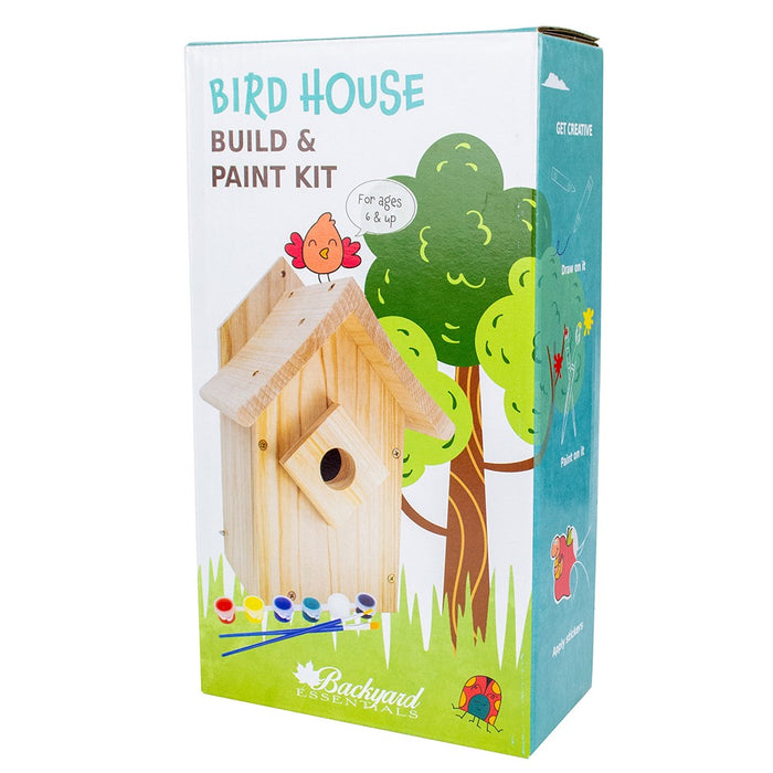 Bird house build and paint kit packaging with a wooden birdhouse illustration on a white background.
